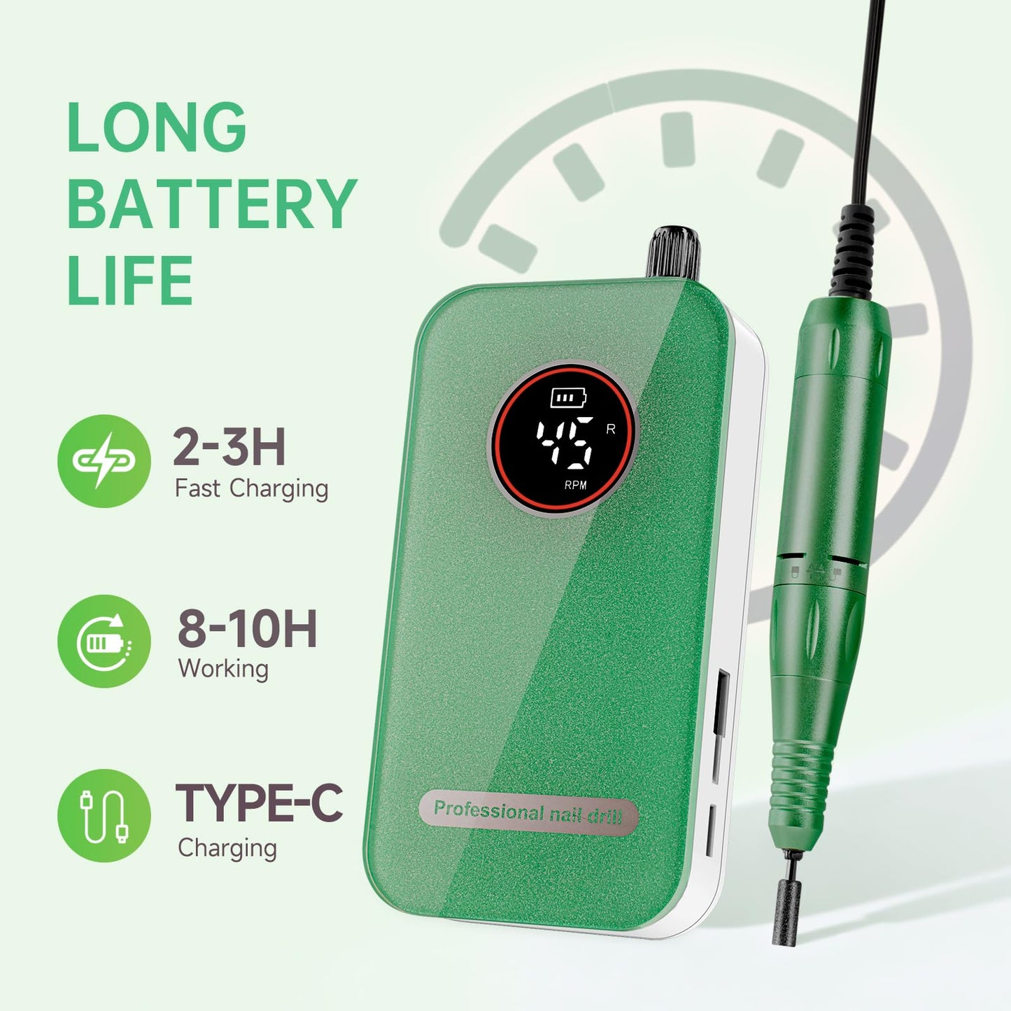 Nail Drill, Professional 45000RPM Rechargeable Electric Nail File with 11 Drill Bits & 50 Sanding Bands, Low Noise Nail Drill Kit for Acrylic Gel Nails, Salon & Home Use, Soft Green