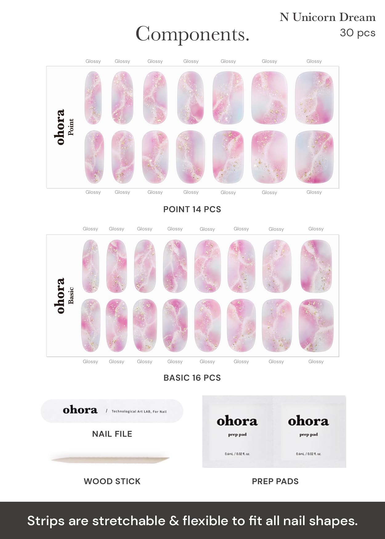 ohora Semi Cured Gel Nail Strips (N Unicorn Dream) - Works with Any Lamps, Salon-Quality, Long Lasting, Easy to Apply & Remove - Includes 2 Prep Pads, Nail File & Wooden Stick