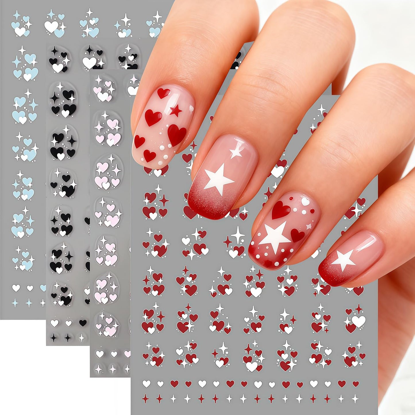 8 Sheets Heart Nail Art Stickers Valentines Nail Decals 3D Self Adhesive Black White Red Blue Pink Heart Nail Stickers Valentine Love Nails Decals Sticker Decoration for Women Holiday DIY Manicure