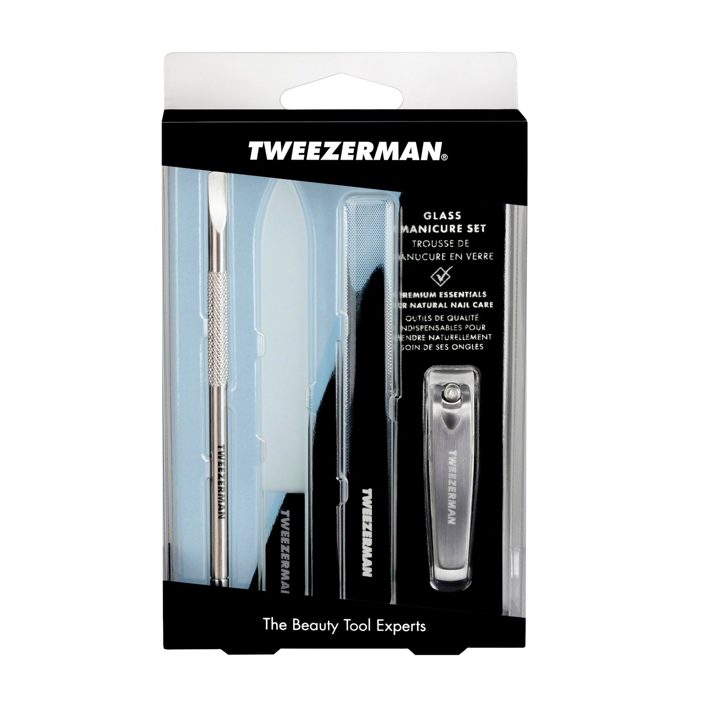 Tweezerman Glass Manicure Set Includes Nail Clipper, Cuticle Pusher, Glass Nail File, and Nail Buffer