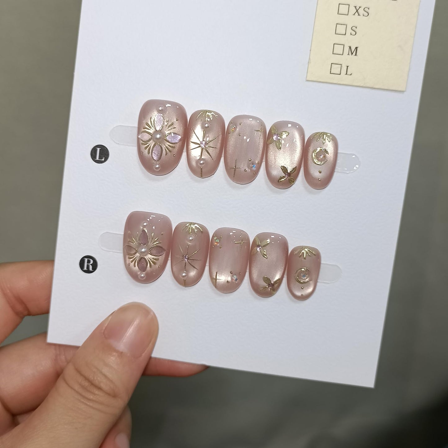 TENPAL Handmade Press on Nails Short Oval - Pink Cat Eye Glitter Sheer Nude Hand Painted Floral False Nails for Women - Glossy Acrylic Stick on Nails with Designs(S)