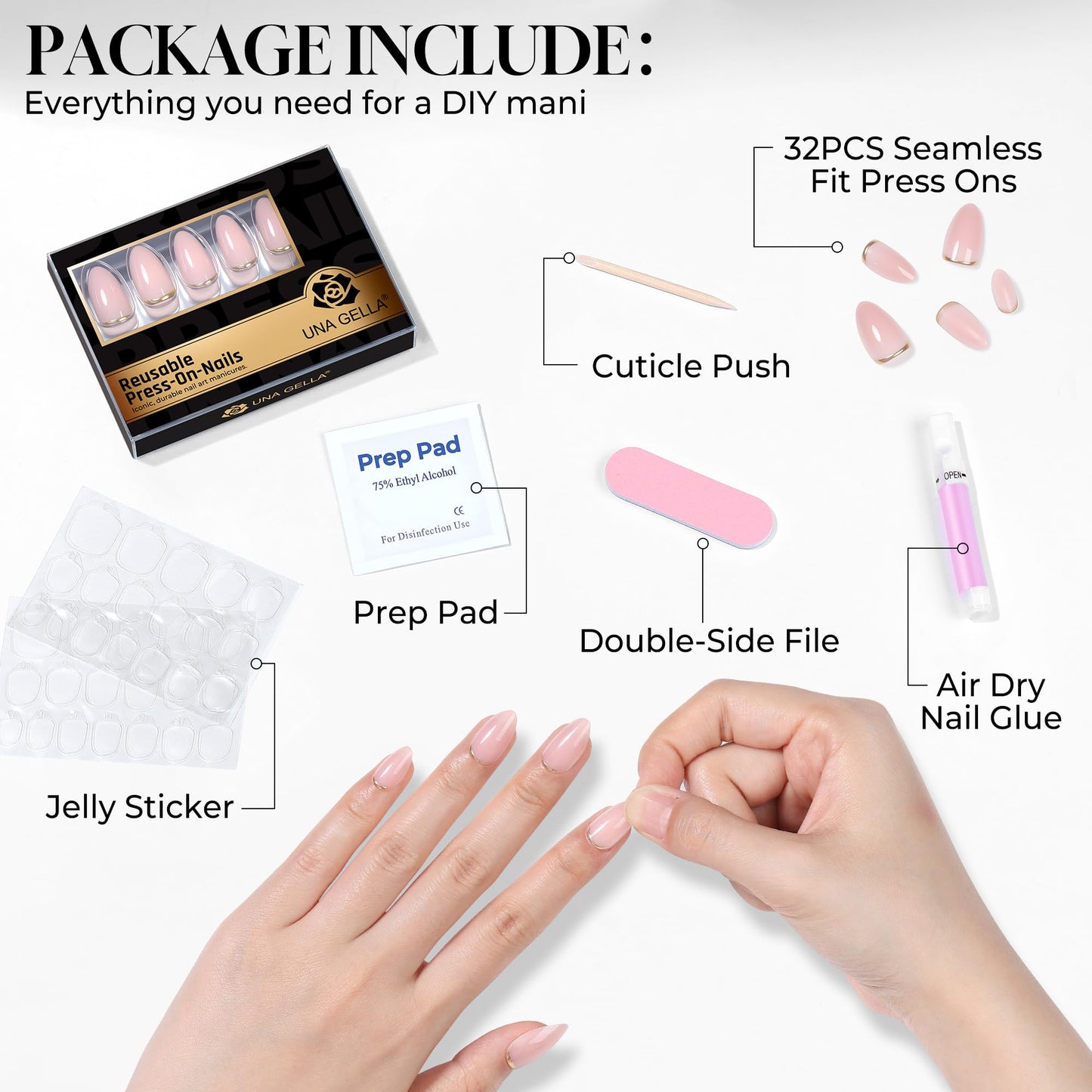 UNA GELLA 32Pcs Soft Gel Press on Nails - 16 Sizes Gold Rim Nude Pink Almond Glue on Nails, Reusable Elegant French False Nails, Full Cover Acrylic Nail Kit for Women DIY Home Manicure