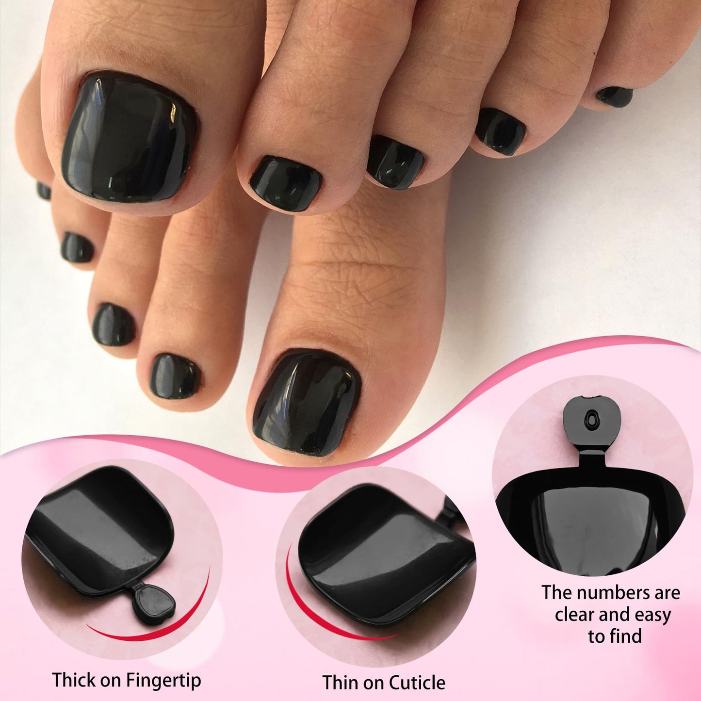 LoveOurHome 120pc Black Press on Toenails Women Fake Toe Nails with Glue Tabs, Black Fake Toenails Press on Toe Nails Glue on Toenail Acrylic Toes Nail Tips Artificial False Toenail for Women Girls