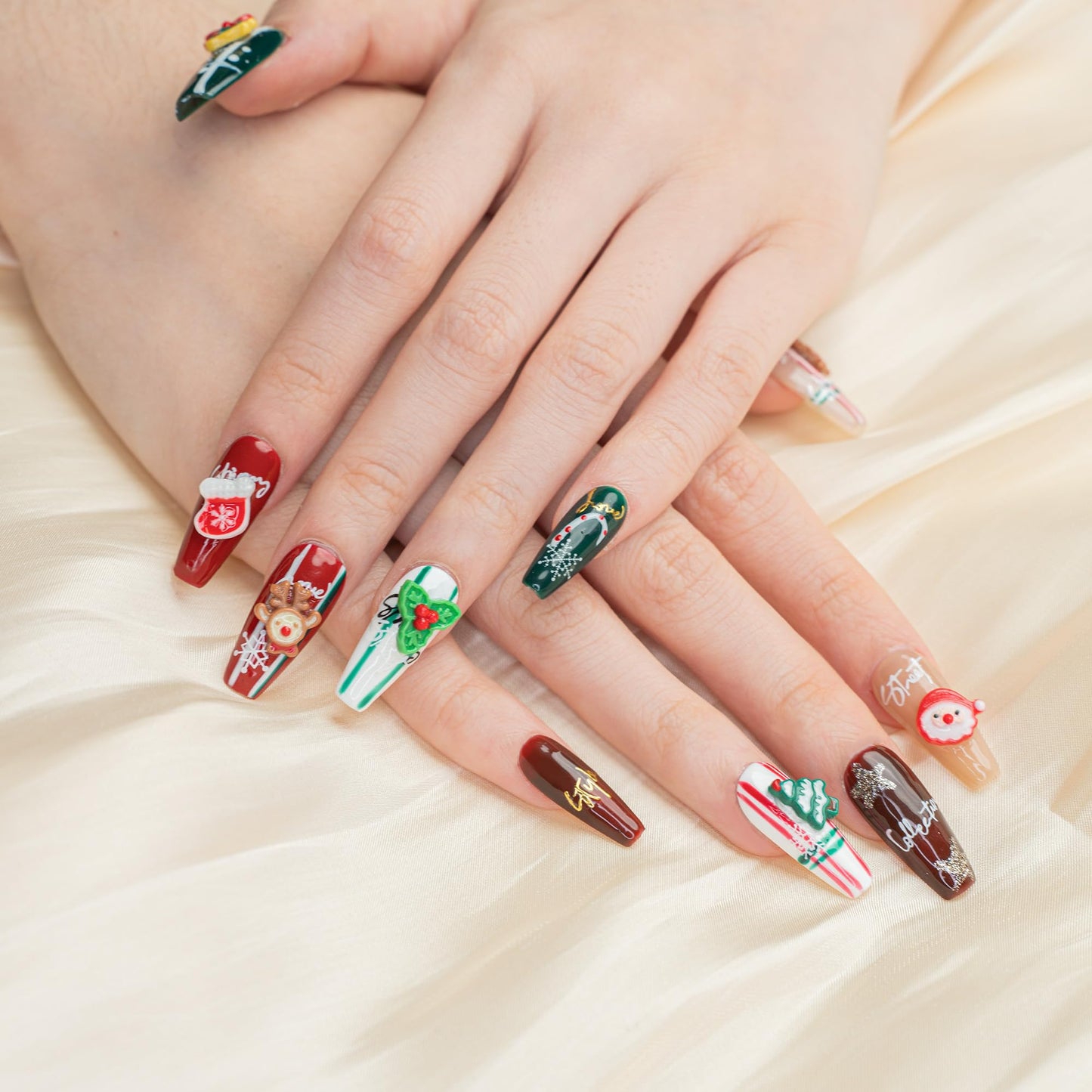 Sun&Beam Nails Handmade Press-on Long Coffin Ballerina Red Green White Brown Christmas 3D Sweet Design Fashion False Nail Tips 10 Pcs Set (#195 M)
