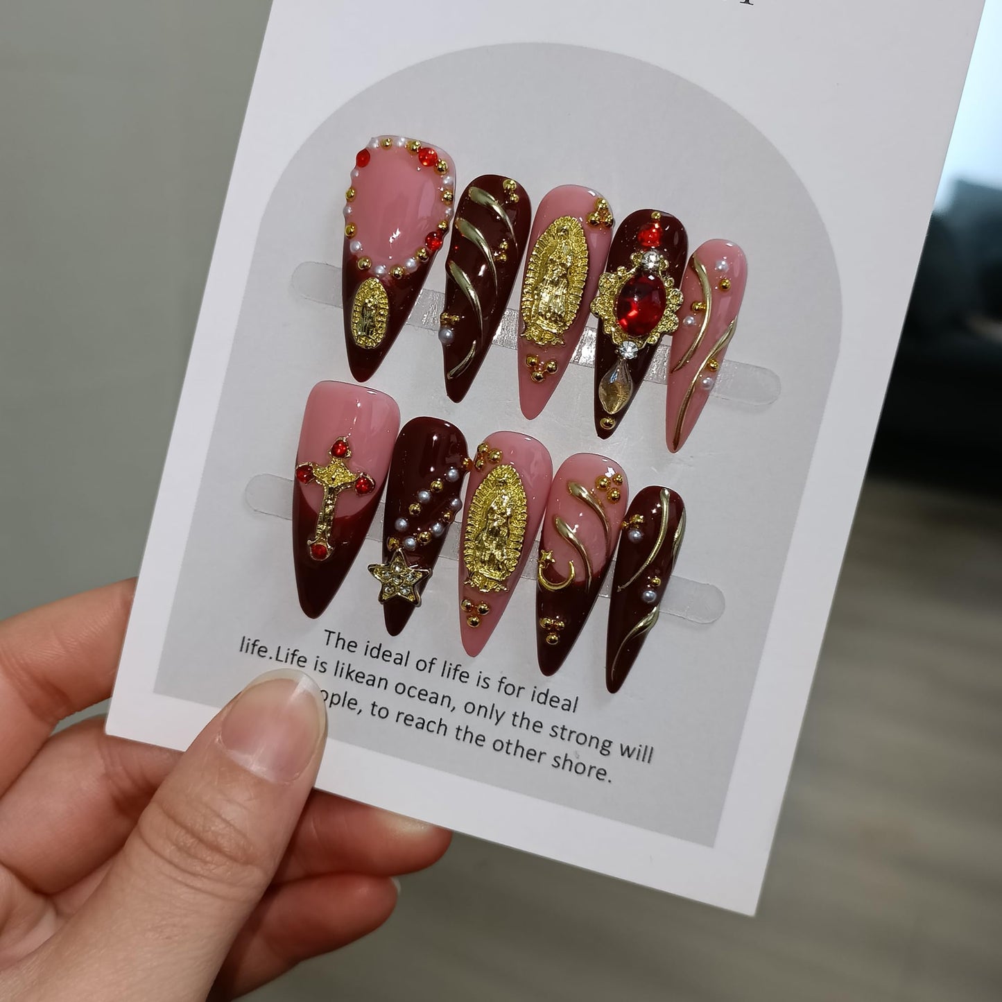 TENPAL Handmade Press on Nails Long Stiletto - Nude Pink Wine Cross Design Fake Nails with 3D Religious Charm | Acrylic Glossy Icy False Nails with Tools | Chapelcore Y2K Nails(S)