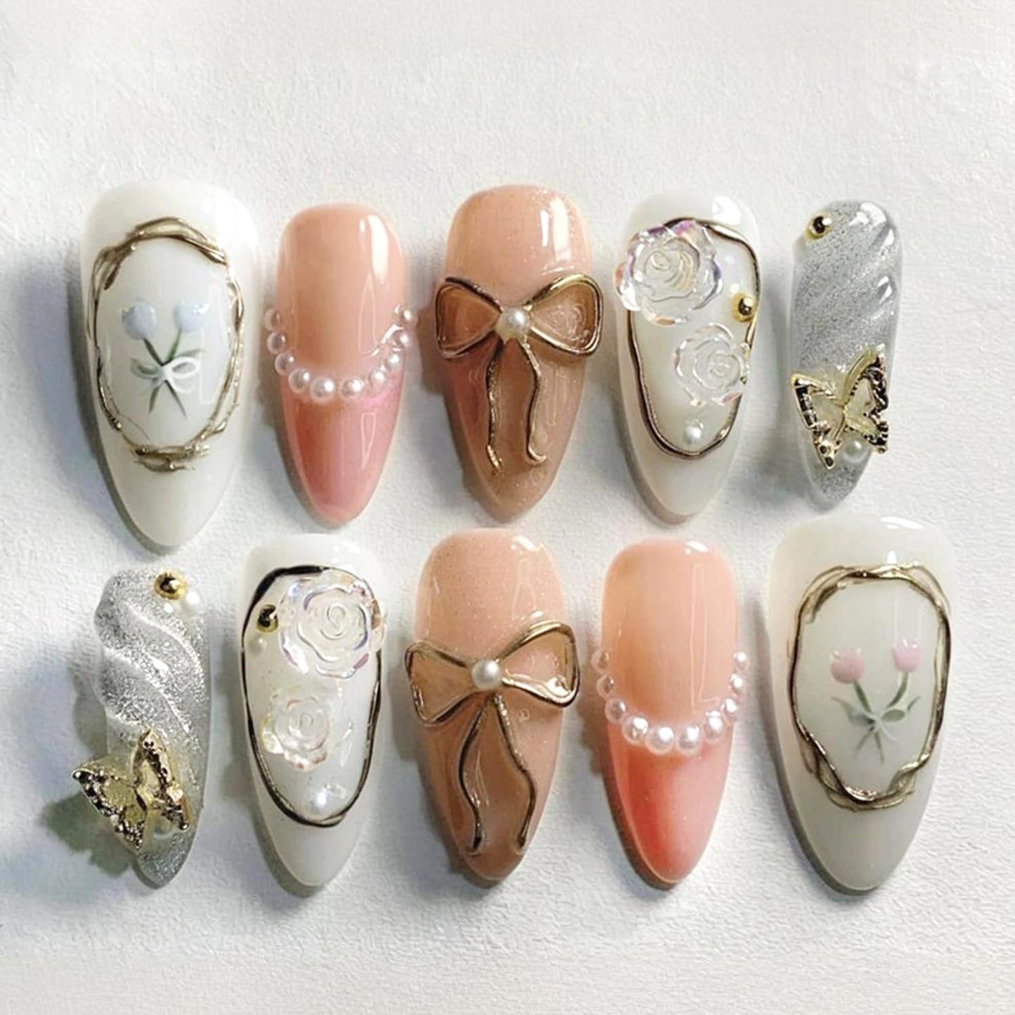 30pcs Almond Fake Nails 3D Gilded French Style Cute Gold Bow False Nail Tips with Rhinestone Pearl Press on Nails Set Butterfly Tulip Water Drop Full Cover Stick on Nails for Women Acrylic Nail Kit