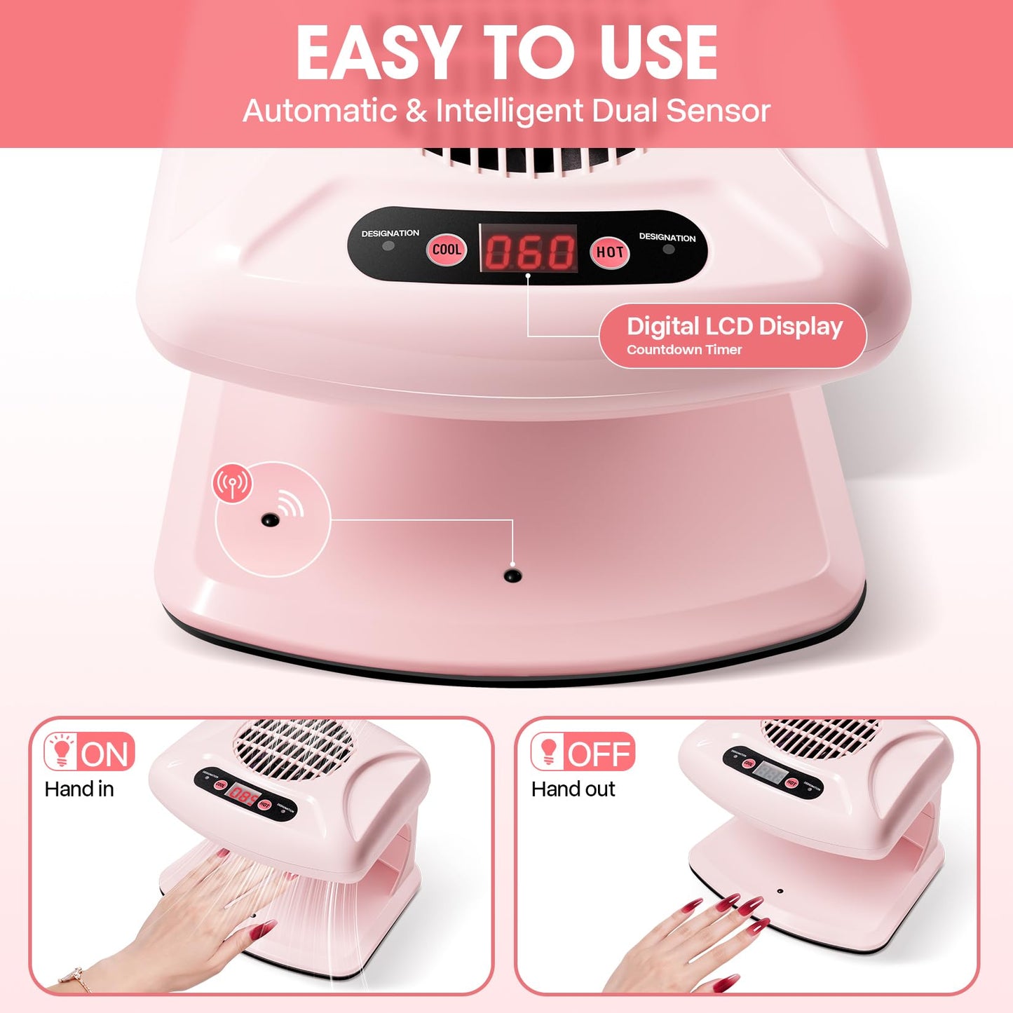 Nail Dryer for Regular Polish,LXIANGN 300W Timing Warm Cool Wind Air Nail Drying Fan with Auto Sensor,Professional Nail Fan Blow Dryer for Manicure Salon and Daily Home Use (Pink)