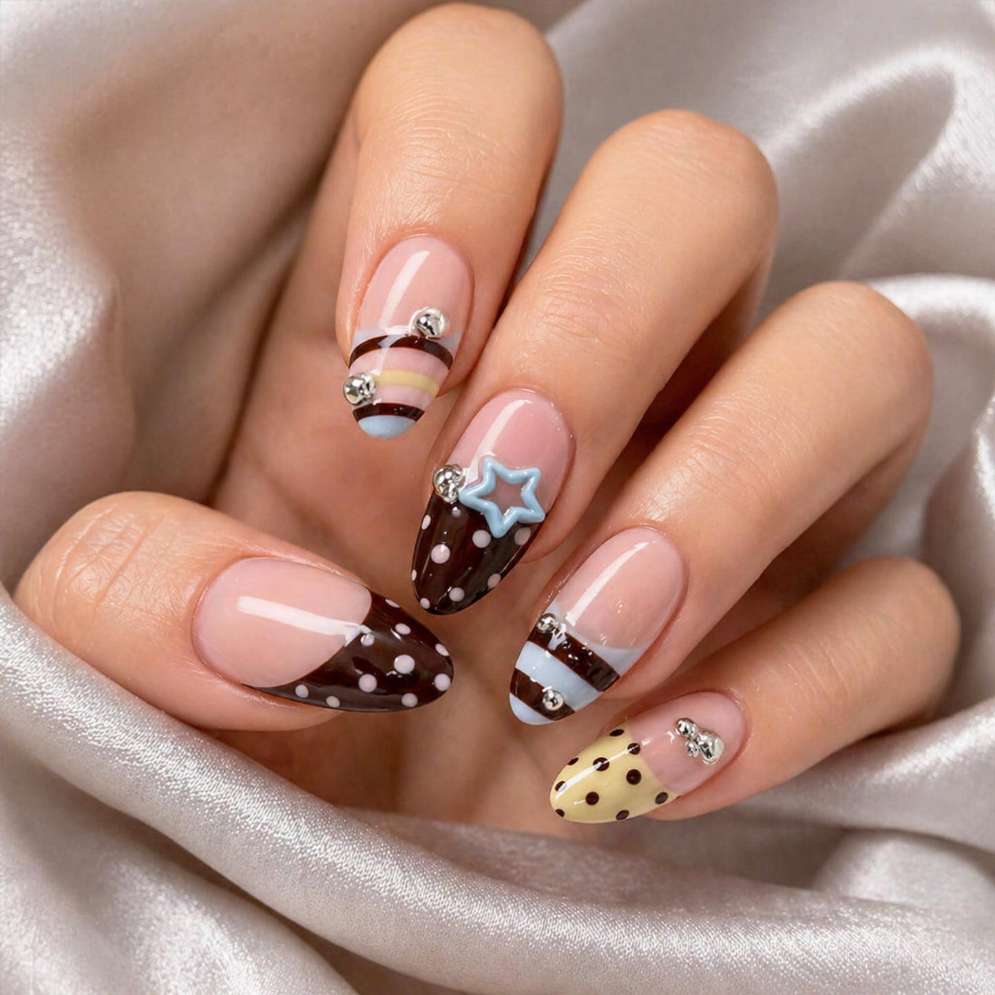 Long Press on Nails Almond Fake Nails Brown Acrylic Nail Press Ons Seeneey Y2Kand Stars Designs Rhinestones Stick on Nail for Women 24pcs