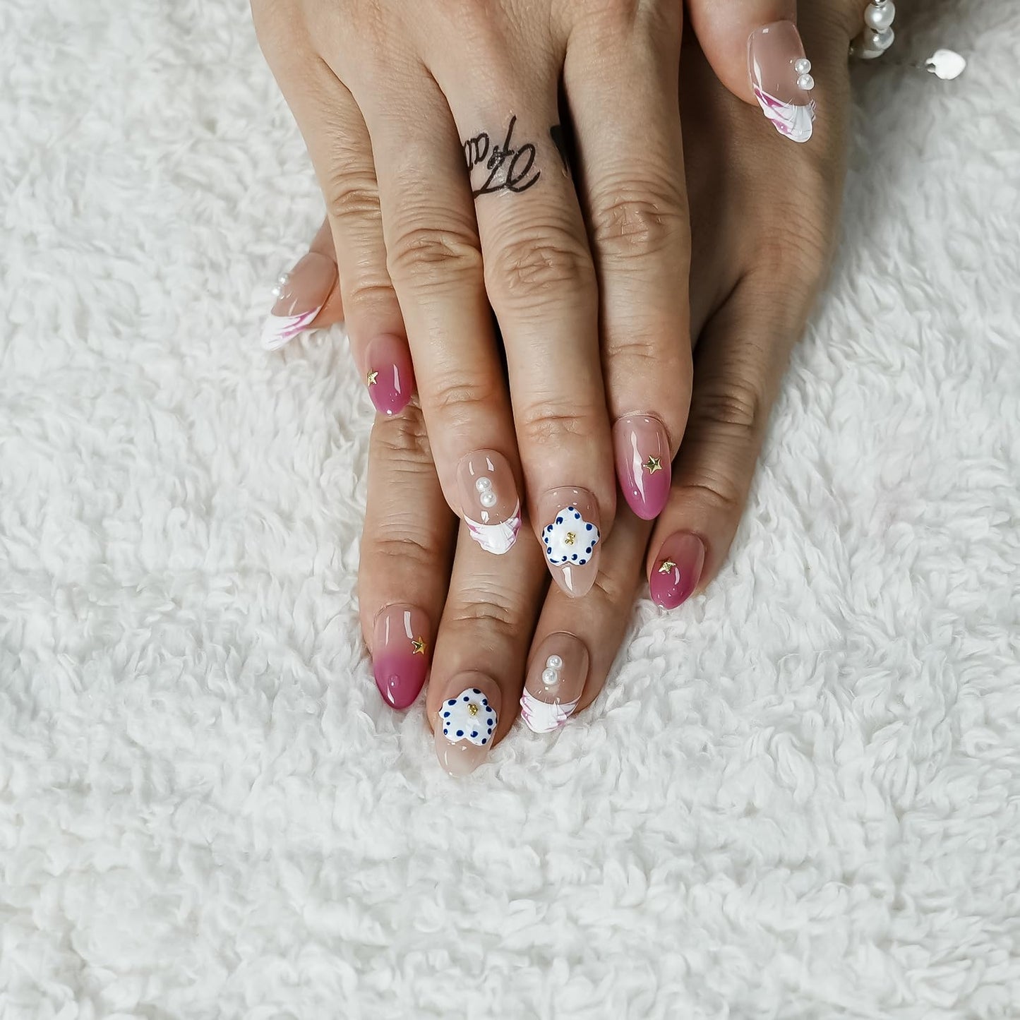 Tesytto Handmade 3D Floral Press on Nails Short Almond - Plum Gradient on a Nude Base, Water Ripple Pearl & Ombre Pink French Tip Holiday Fake Nails (Coral Violeta,M)