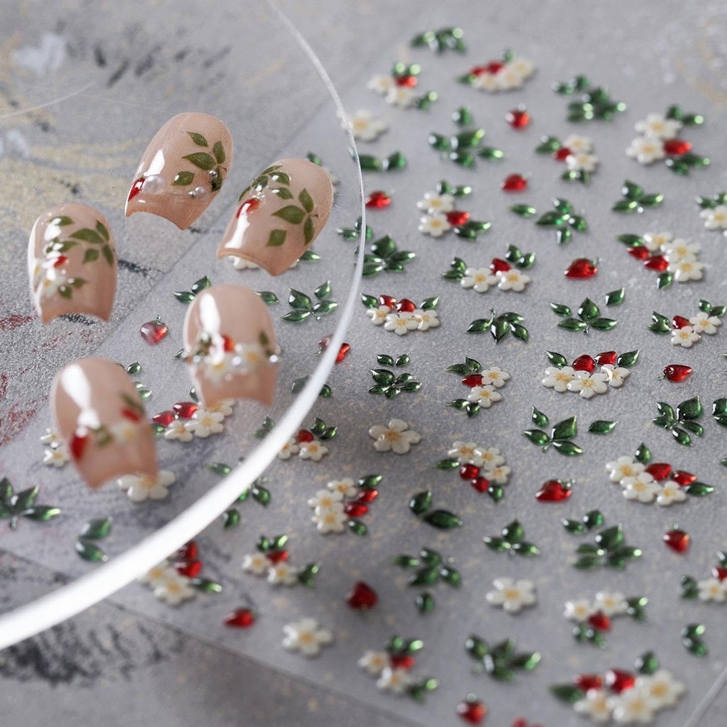 5D Embossed Flower Nail Art Stickers Green Leaf Nail Stickers with Red Pepper Self-Adhesive Flower Nail Decals for Women Girls Spring Summer Manicure DIY Nail Supplies