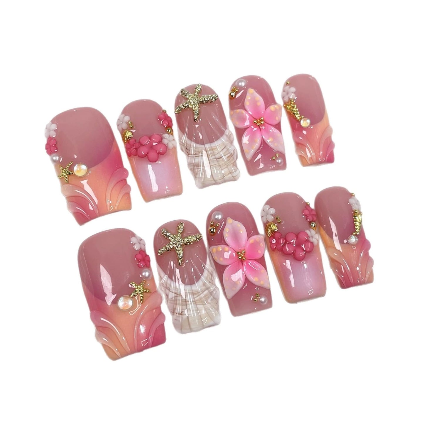 Medium Press on Nails Square Handmade False Nails Thick Acrylic Muti-Layer Gel 3D Flower Nails Press Ons wtih Shell Starfish Design French Tip Fake Nails Luxury Full Cover Stick on Nail for Women (M)