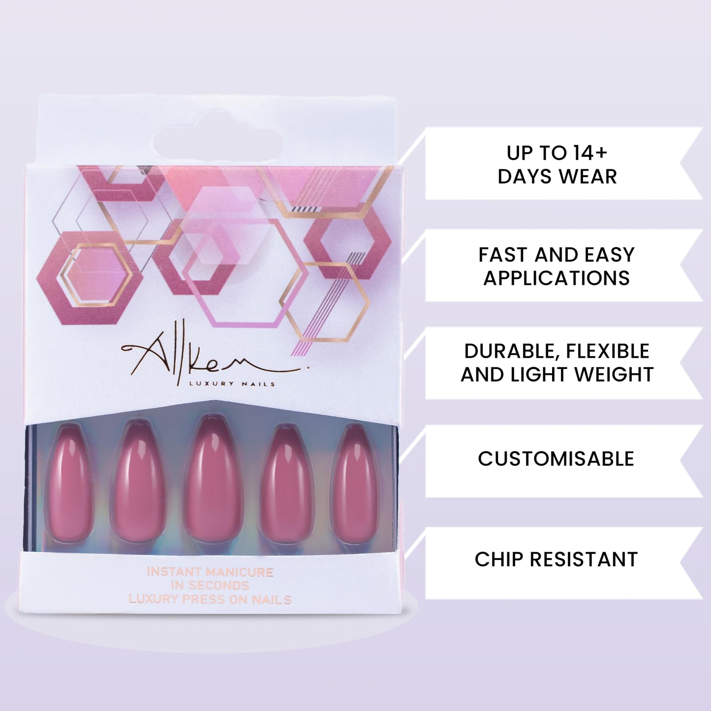 Allkem Mauve Press on Nails | Glossy Long coffin | 10 sizes - 20 pcs Ballerina Nail kit with Glue