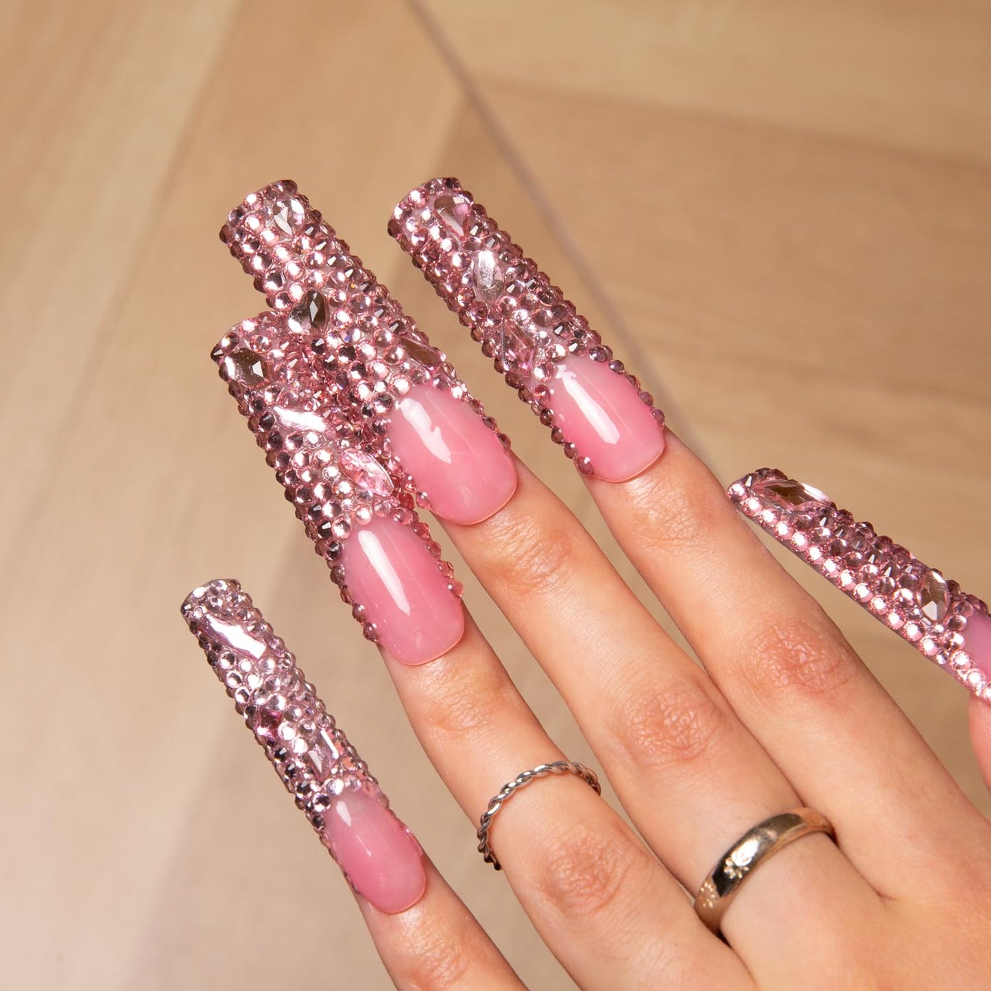 LOVFUL Press on Nails Pink French Tip Rhinestone | Handmade with Full Covered Crystals | Reusable Fake Nails | Square Long 2.2 in | H27-M
