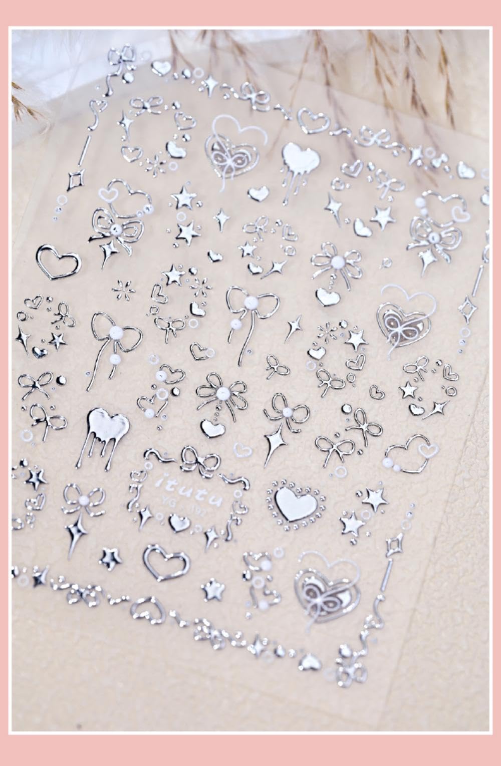 5D Embossed Heart Nail Stickers Self-Adhesive Silver Bows Nail Art Stickers Pearl Star Love Nail Decals for Acrylic Nails Spring Valentines Nail Sticker for Women Girls DIY Manicure Nails Supplies