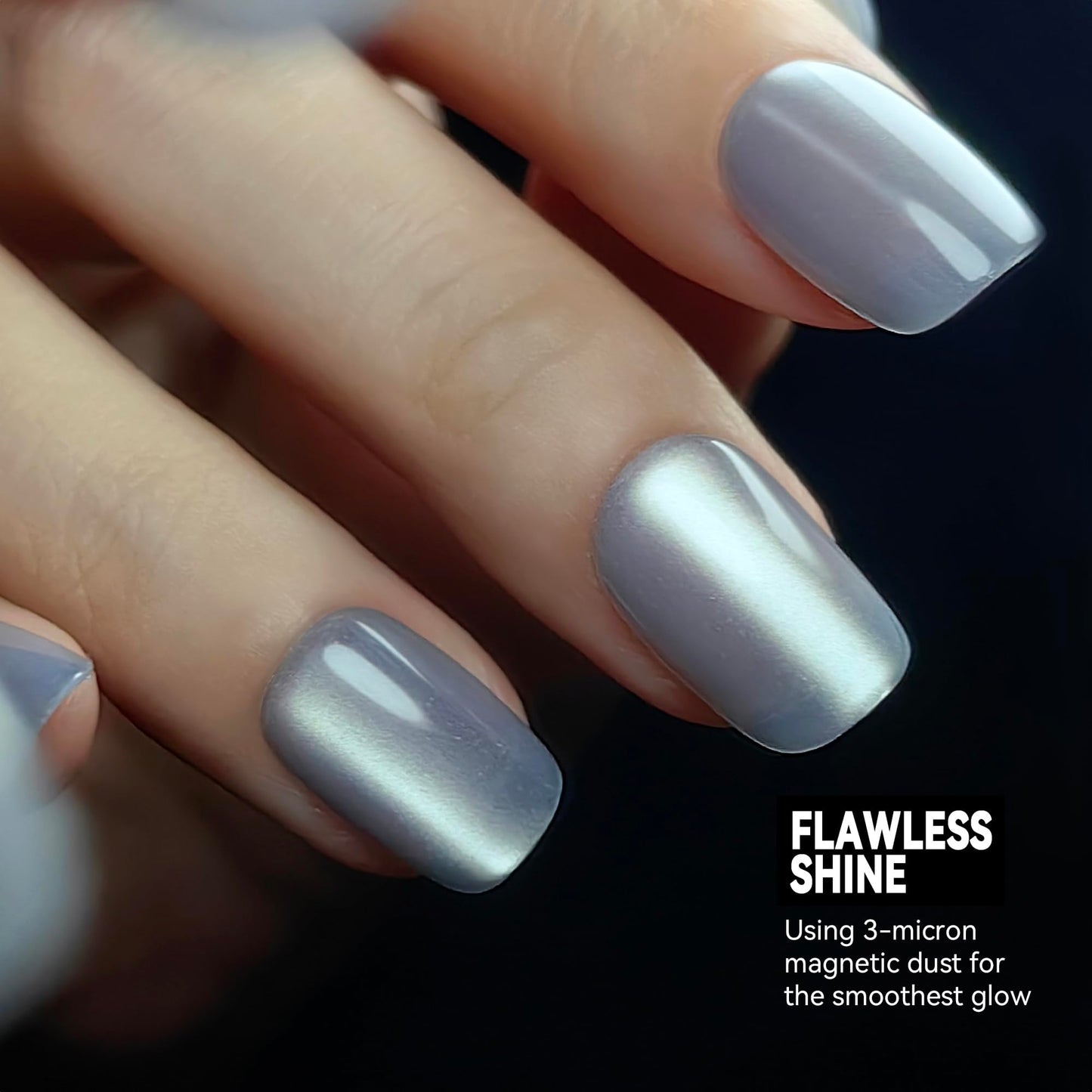 Okiyomi Silver Press on Nails - Metallic Cat Eye Press on Nails | Magnetic Moonlit Shimmer - Short Ballerina Squoval Shape - 15 Sizes - 30 Soft Gel Fake Nails with Glue and Stick On Tabs