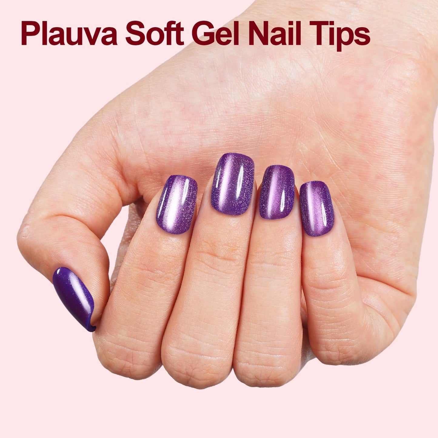 Plauva Cat Eye Press on Nails Short Square, 300Pcs Soft Gel Fake Nails, Glossy Glitter Cat Eye Nail Tips for Women and Girls Stick On Nails in 15 Sizes
