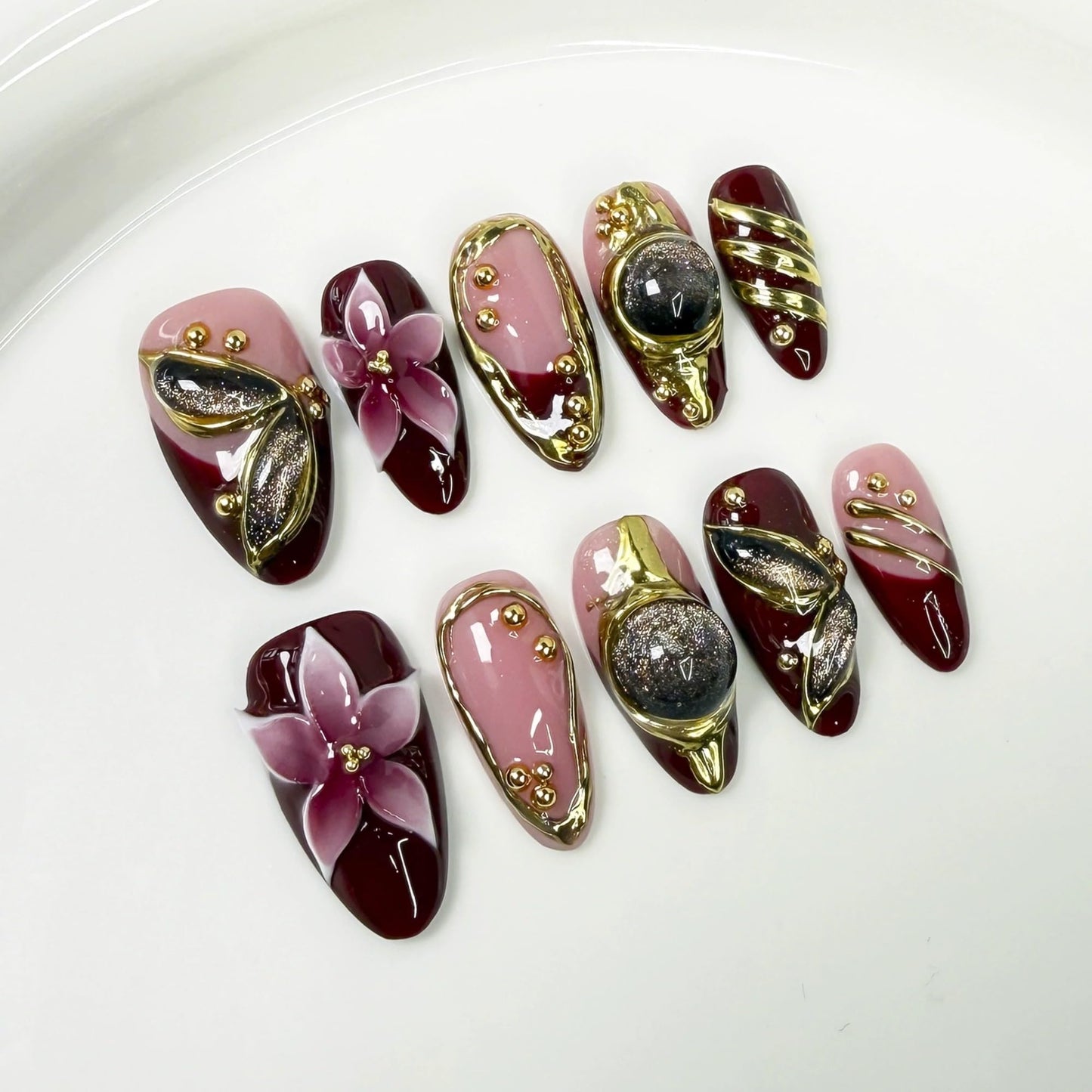 Qicaijia 10Pcs (Size M) Short Almond Handmade Press On Nails - Luxury Red French Tip 3D Cat’s Eye Acrylic Fake Nails with Ombre Flower & Sparkly Designs for Women