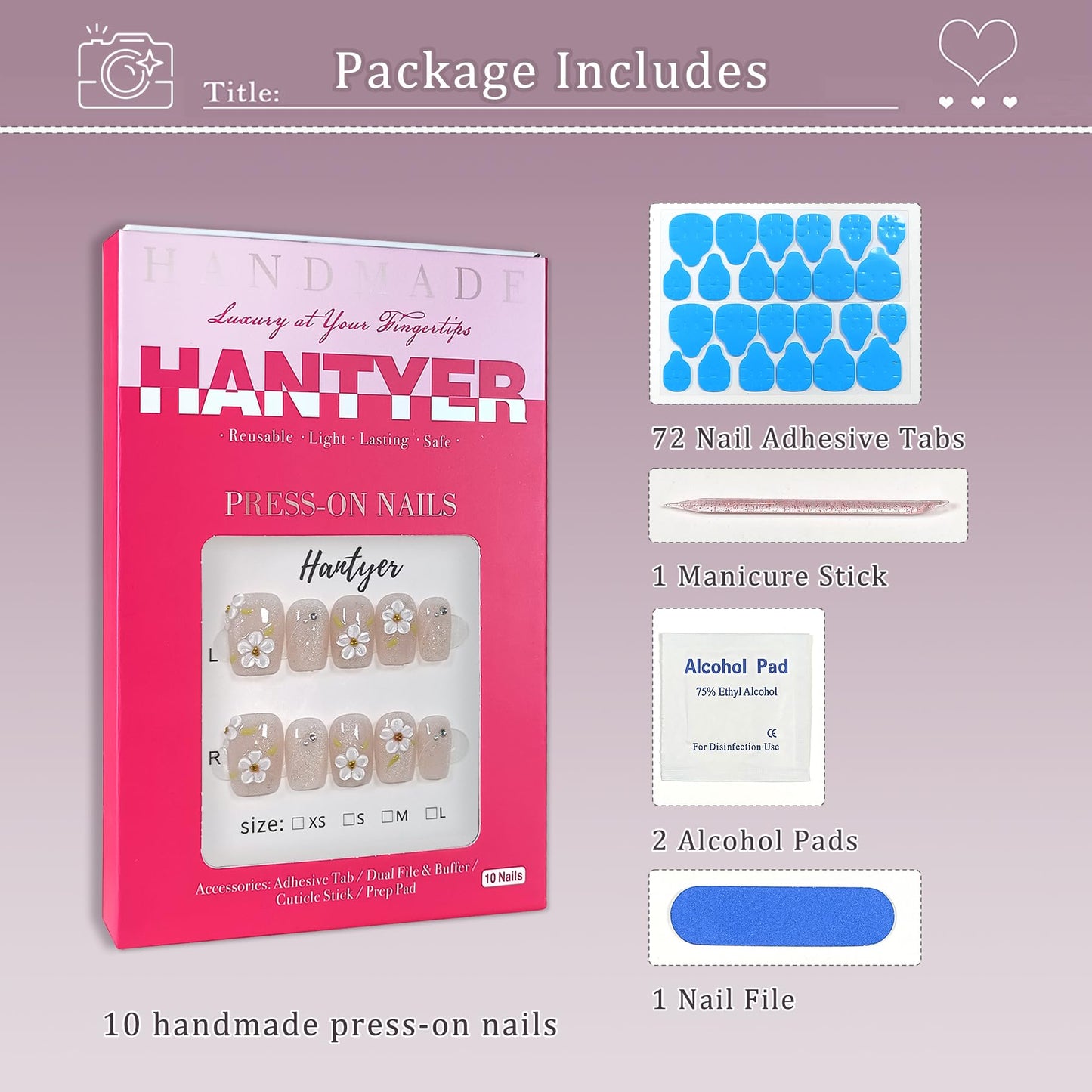 Hantyer 10pcs Press On Nails Sweet Style - Nude Cat Eye with White 3D Embossed Flowers, Short Square Shape, Glossy Shine, Reusable Fake Nails Easy to Apply & Carry for Parties (Size M)