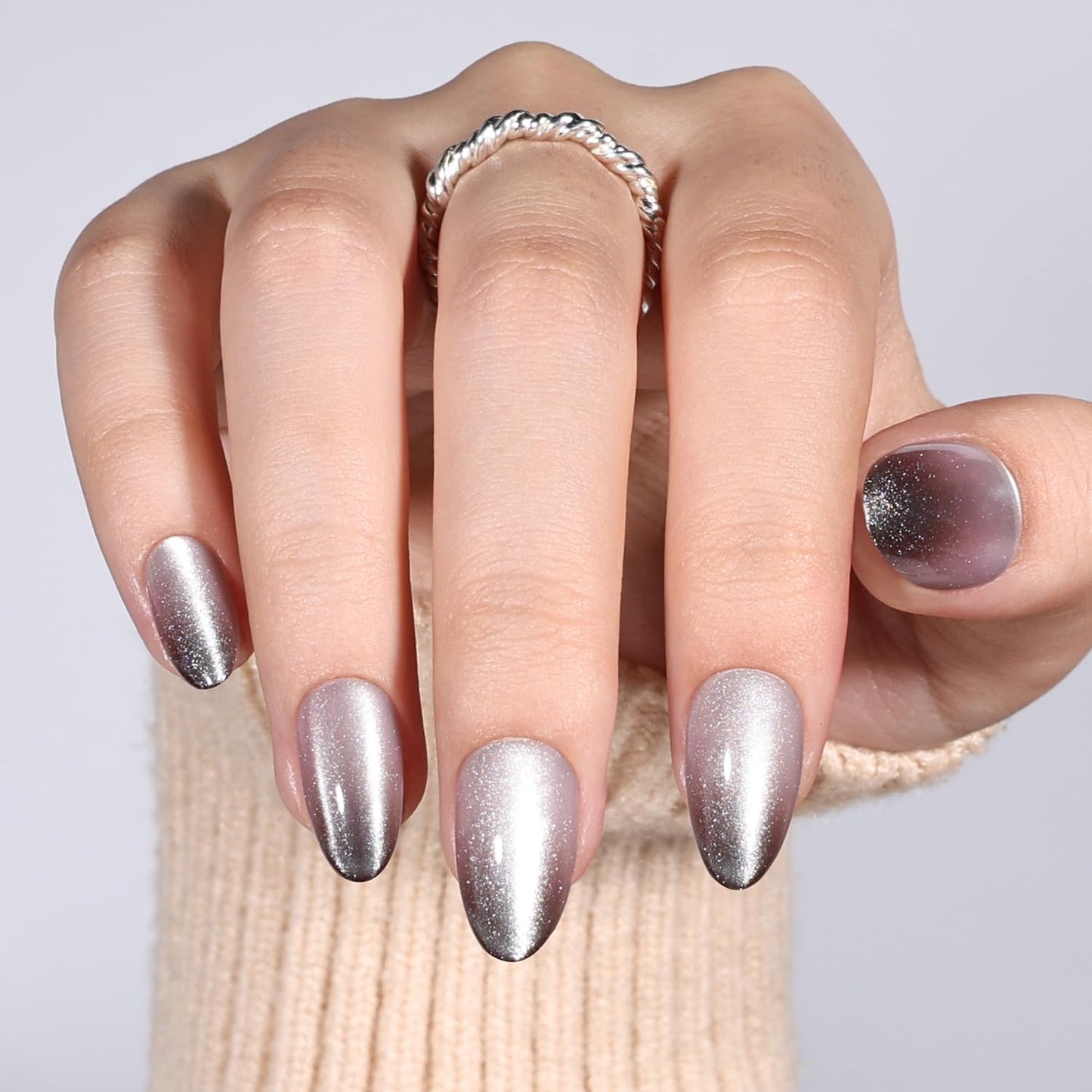 Black Cat Eye Press On Nails Almond - Ombre Black Short Almond Fake Nails, White Cateye Press On Nails Reusable Stick On Nails in 16 Sizes, 32pcs False Nail Kit for Women & Girls (Still Light)