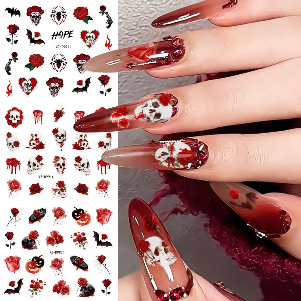 30 Sheets Halloween Nail Stickers for Nail Art, 3D Self-Adhesive Pumpkin Cat Nail Decals, Spider Bloody SkullNail Supplies Design Accessories for Women and Girls Manicure DIY Decoration