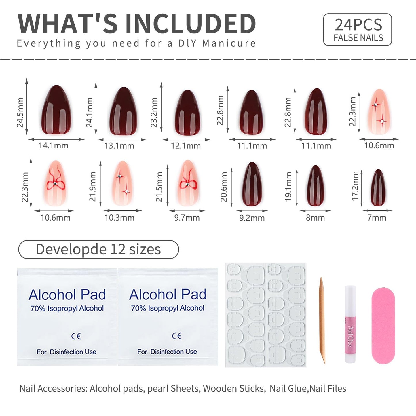 Mivota Soft Gel Press On Nails Medium Almond – Burgundy Ribbon Nude Nail Art, Reusable Luxury Glue-On Nails with Hand-Painted Bow Design, 24PCS Salon-Quality Stick On Nails for Women