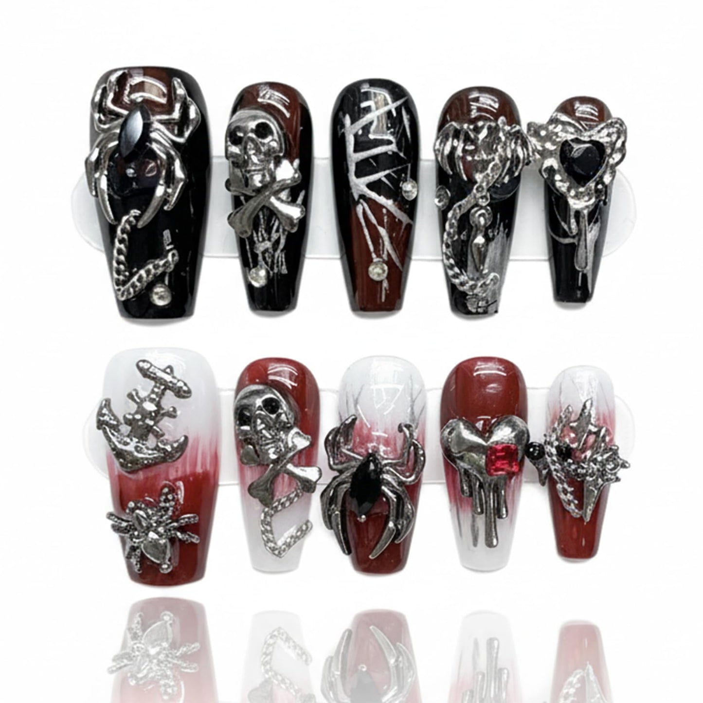 Handmade Skeleton Press On Nails long Coffin Reusable Stick On Fake Nails Luxury Elegant Sexy Style For Women Gift With Nail Glue Red Black L