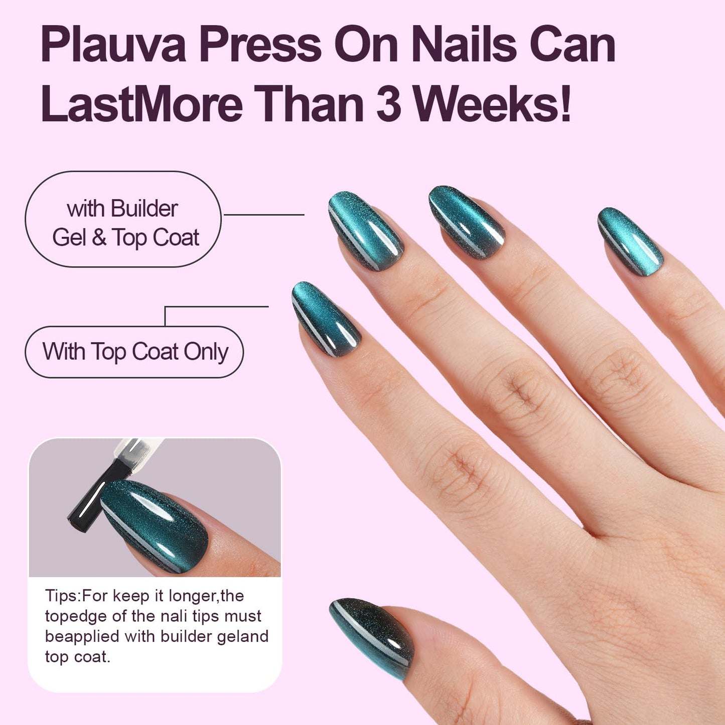 Plauva Cat Eye Press on Nails, 300Pcs Short Oval Cat Eye Nail Tips, Glossy Glitter Soft Gel Fake Nails for Women and Girls Stick On Nails in 15 Sizes
