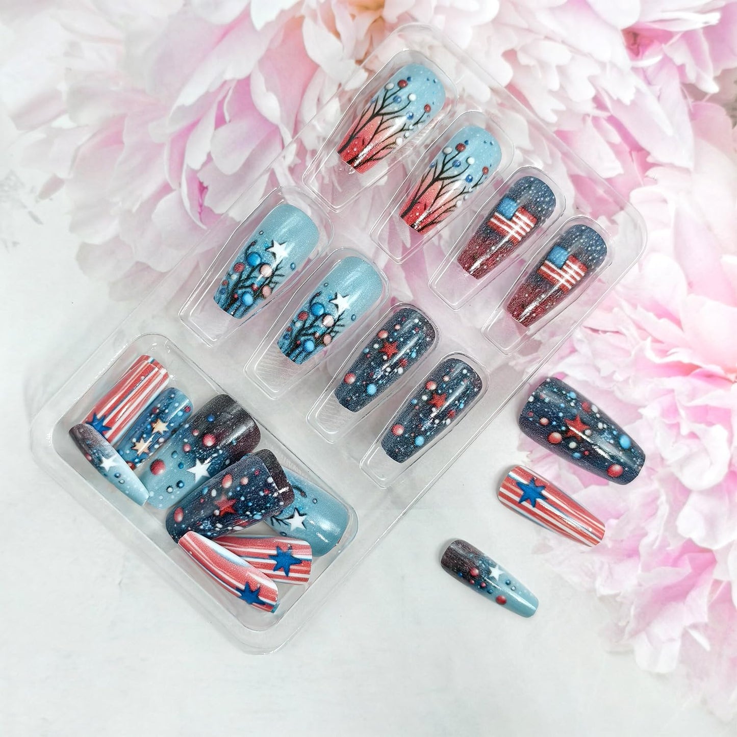 4th of July Press on Nails Ballet Shaped Artificial Fingernails US Flag Colorful Polka Dot Stars Glitter Fake Nails Medium Independence Day Stick on Glue on Acrylic Nail for Women Holiday Manicure