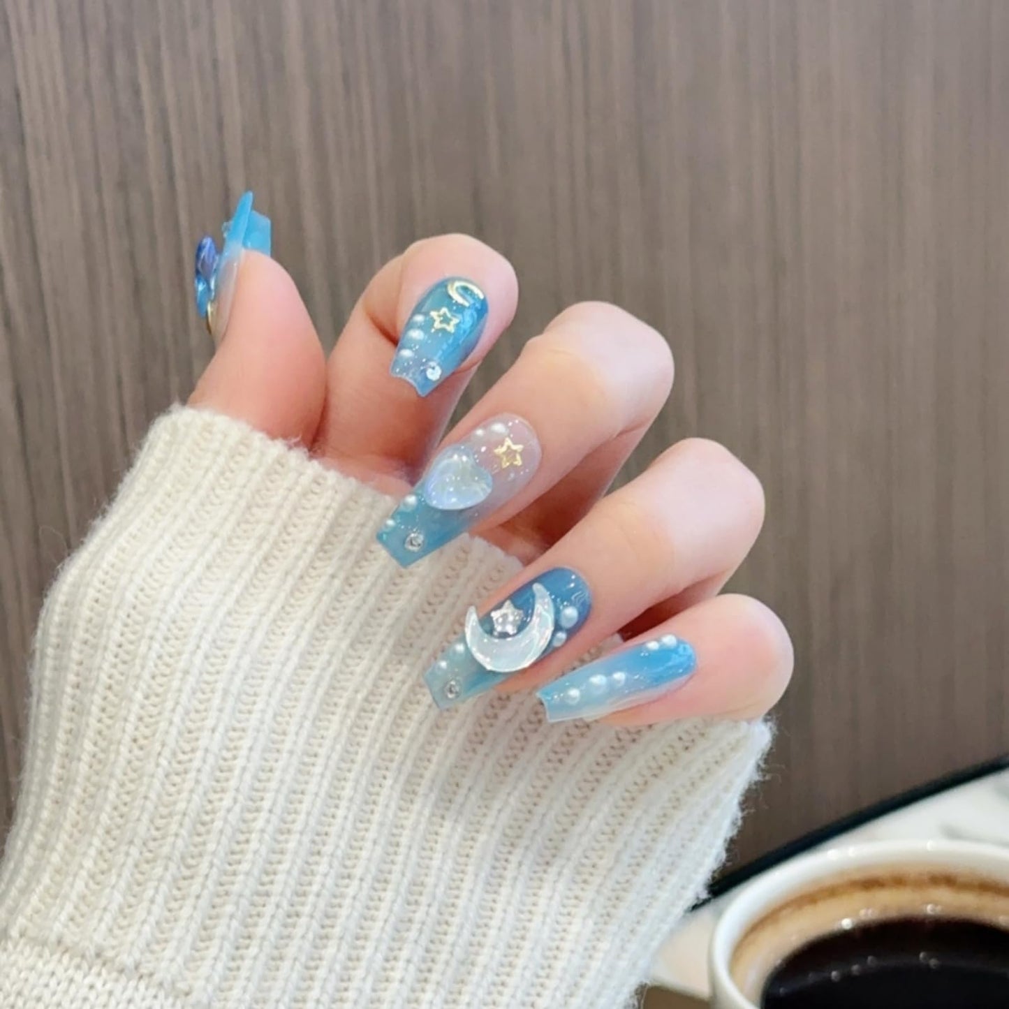 RENBING handmade press on nails short coffin,fake nails with designs,10 pcs high hardness acrylic nails press ons,3d cute false nails for women-Mermaid Ocean(S)