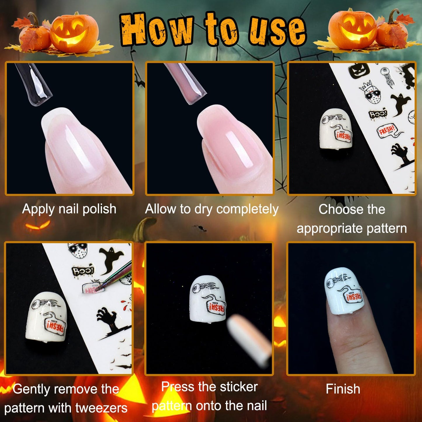 SIUSIO 15 Sheets Halloween Nail Art Stickers Cute Pumpkin Skull Ghost Party Theme 3D Self-Adhesive Horror Witchy Bat Poker Black Nail Decals Nail Supplies DIY Nail Stickers for Women Girls Kids Decor