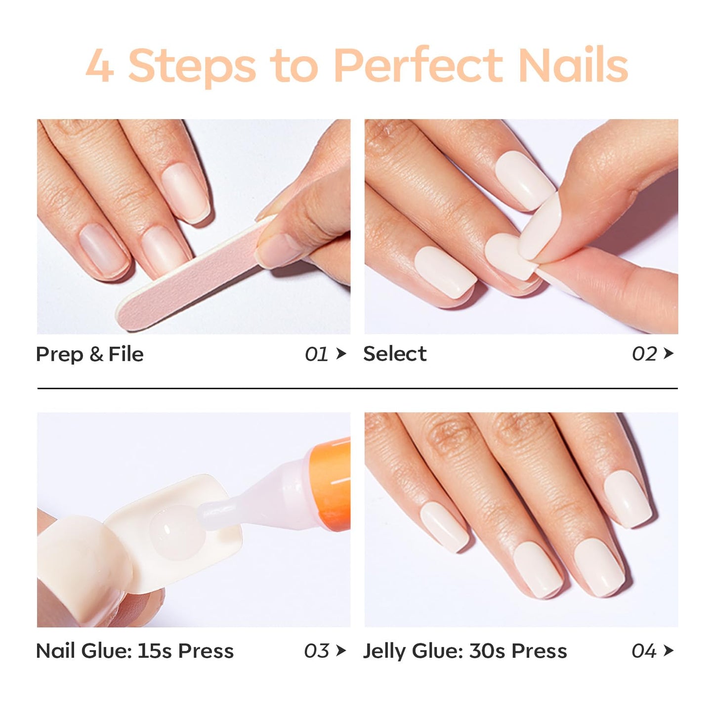 Modelones Extra Short Press on Nails,Sheer White Semi-Transparent Squoval Fake Nails, Reusable Nail Kit with Nail Glue Adhesive Tabs Mini Nail File, Nails Press Ons 32Pcs 16 Sizes, Women Girl Gift
