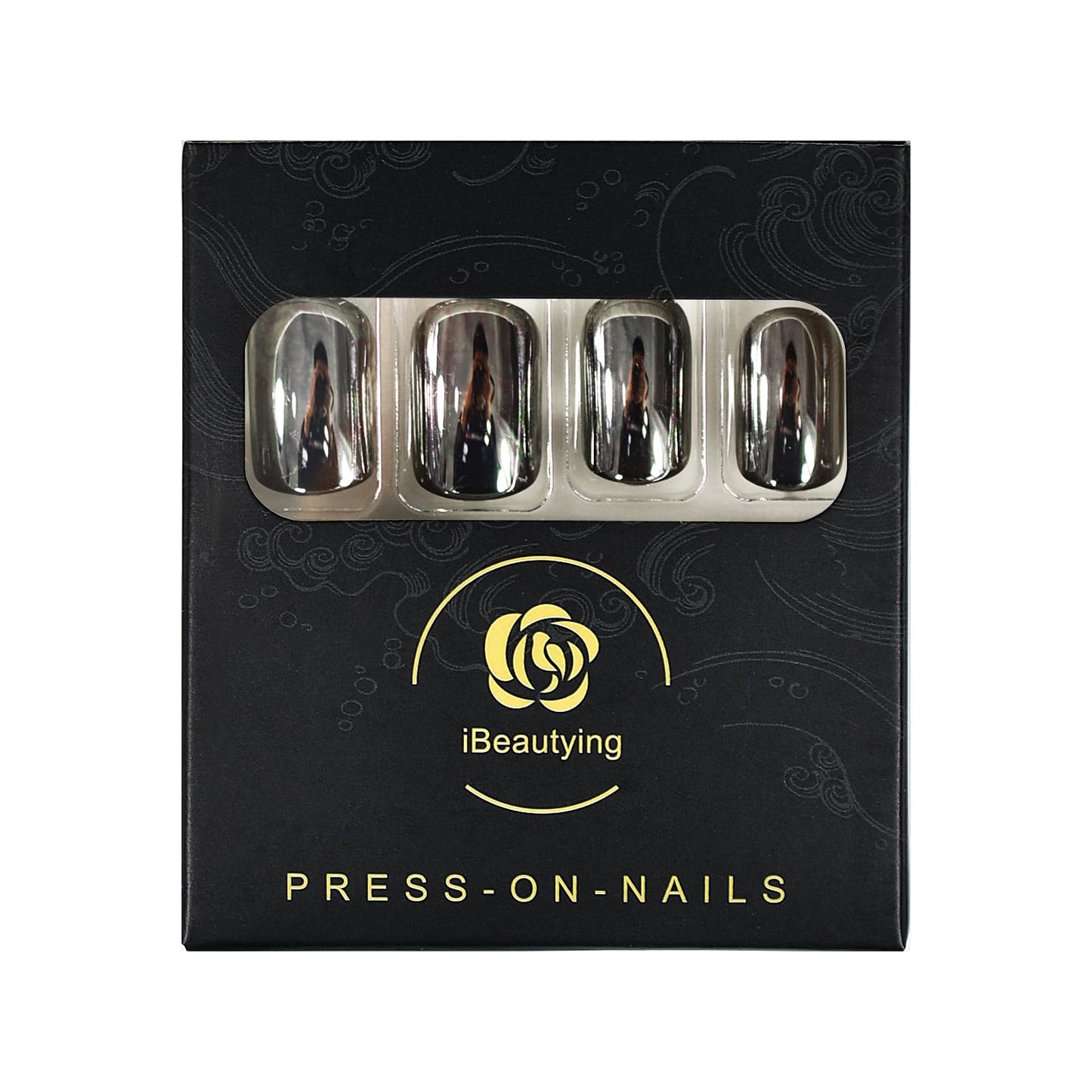 iBeautying Press on Nails - Metallic Mirror Gray Black False Nails | Punk Metal Finish Short Reusable Fake Nails in 10 Sizes - 24 Nail Kit with Jelly Glue Pad