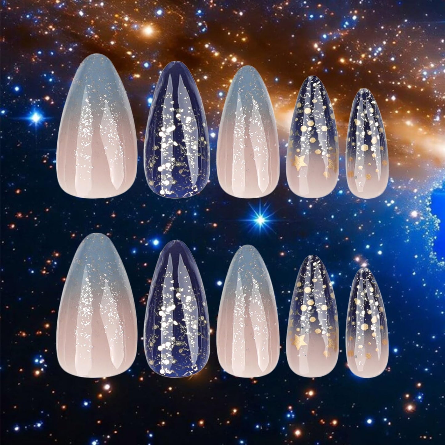 Starry Sky Medium Almond False Nail Gold Stars Press on Nails Glossy Blue Gradient Stick on Nail 24Pcs Silver Glitter Gel Glue on Fingernails Acrylic Full Cover Fake Nails for Holiday Manicure Art