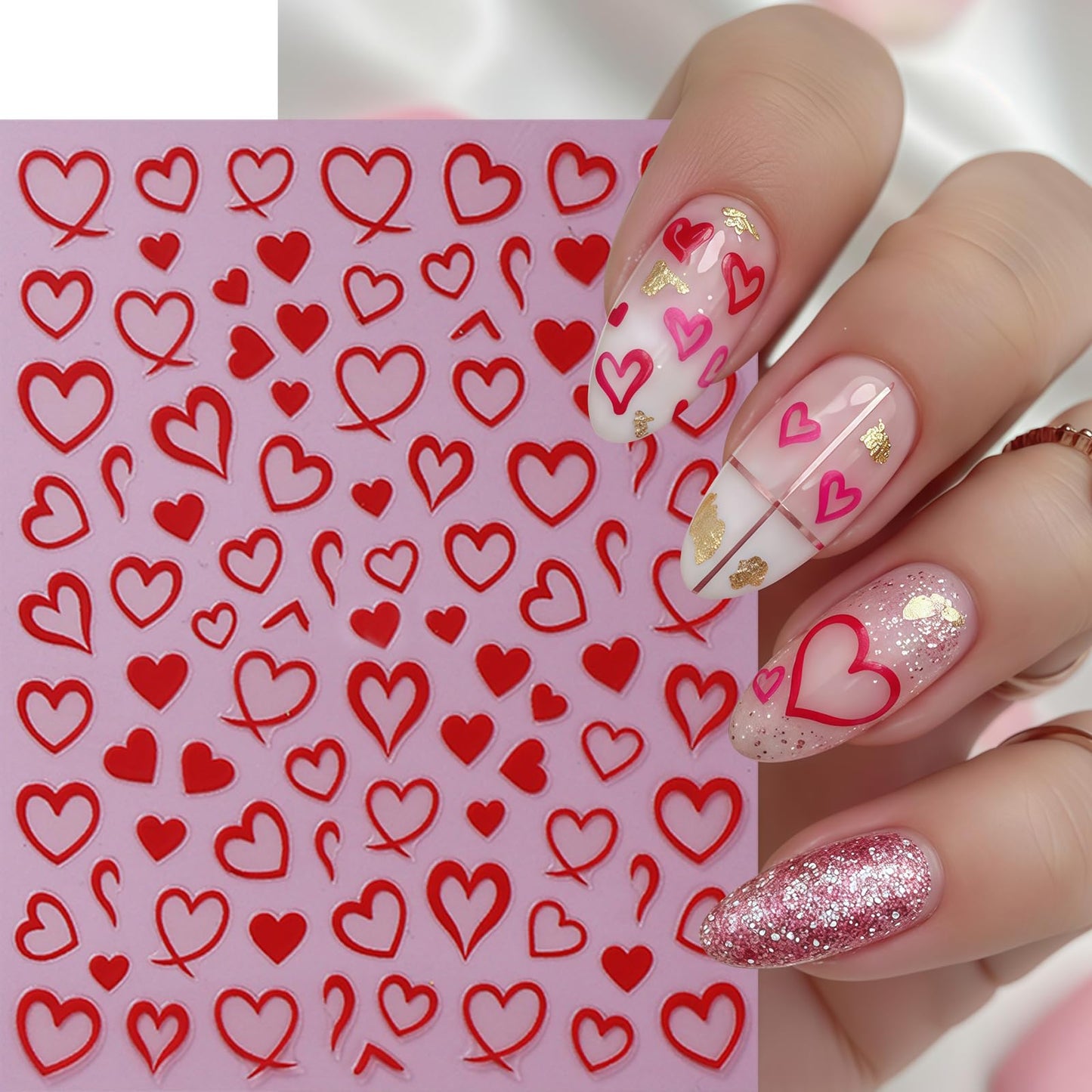 6 Sheets Heart Nail Art Stickers Valentines Nail Decals Self-Adhesive Red Silver Gold Peach Hearts Nails Stickers Hollow Heart Love Sticker Nail Supplies for Women Holiday Acrylic Nails Decoration