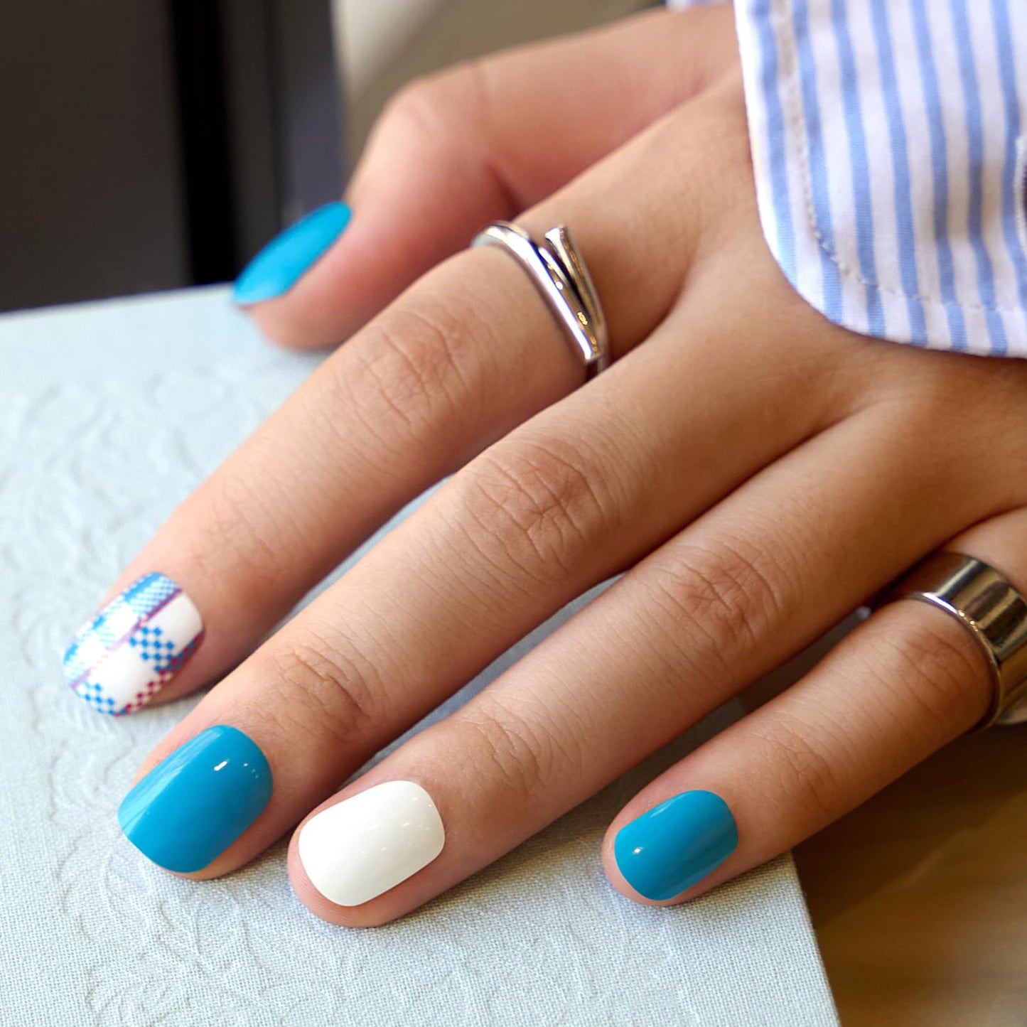 Semi Cured Gel Nail Strips - NAILOG 34 Pcs Gel Nail Stickers Buy 2 Get 1 UV Light | Long Lasting Nail Wraps with Glossy Gel Finish Blue, Azure Mosaic