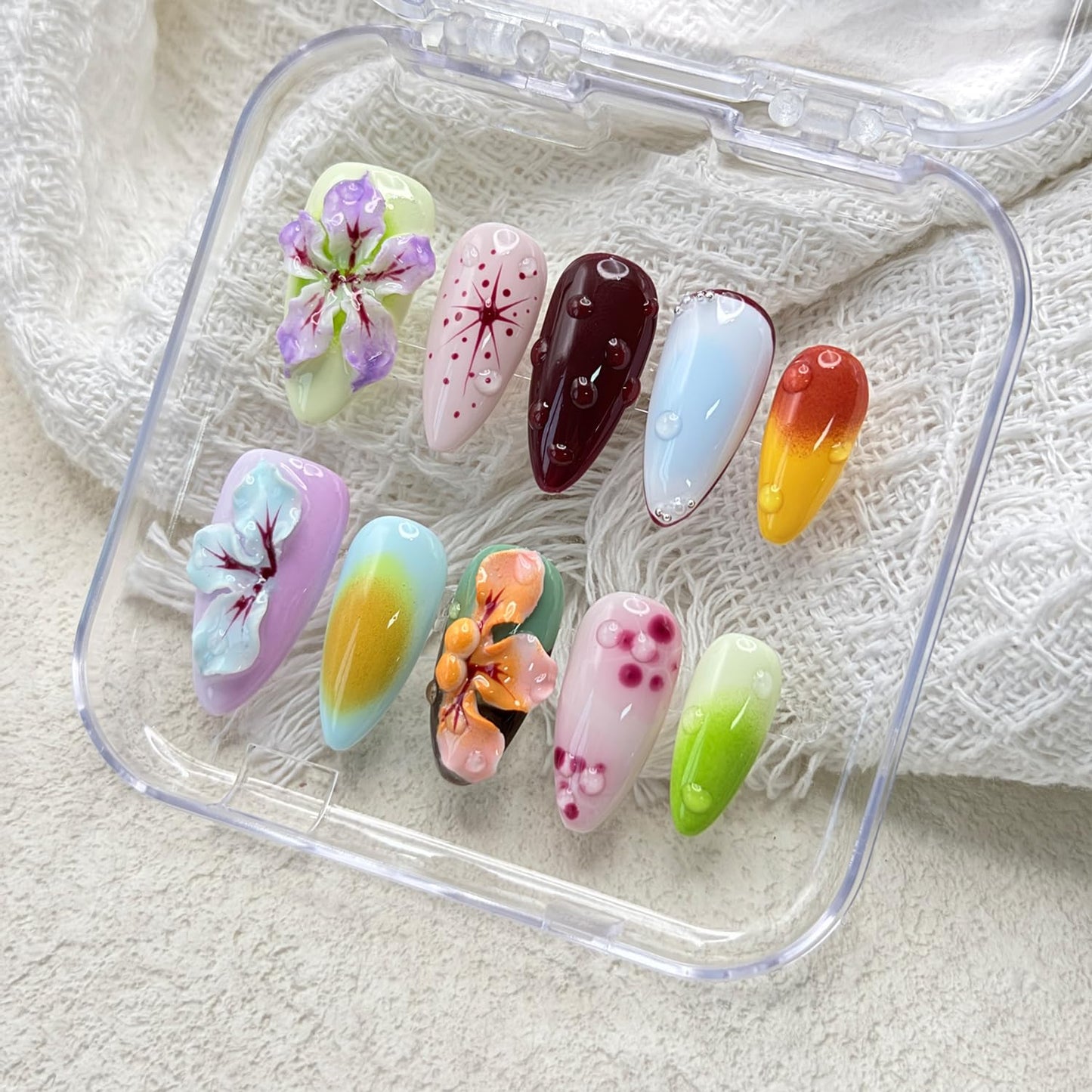 RIICFDD Handmade Press on Nails Medium Almond Thick Acrylic Nails,Tropical Flower Art Fake Nails with Water Droplet Pattern Designs Nature Stick on Nail False Nails for Wome (Size S)