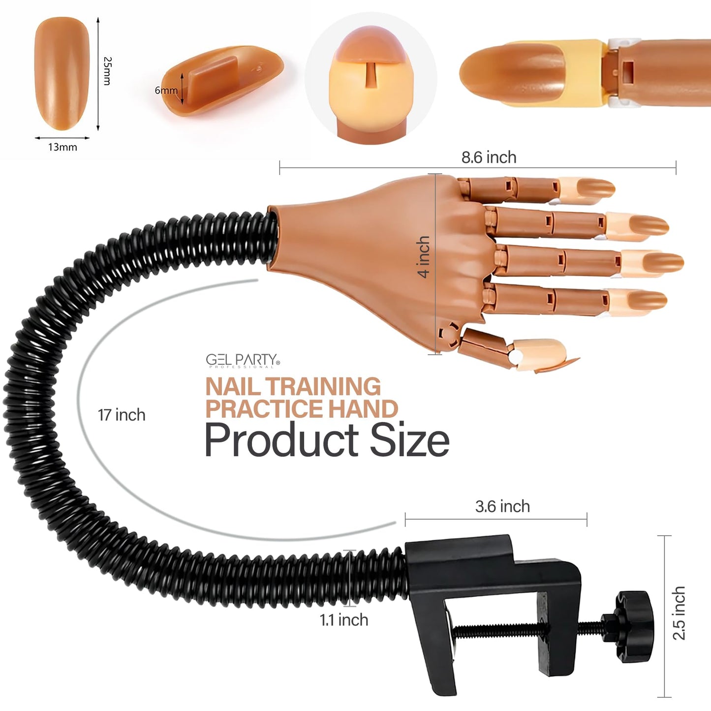 GELPARTY Flexible Nail Practice Hand with Table Clamp - Full Training Starter Kit for Acrylic & Gel Nails, Includes 200pcs Brown Tips, Clippers, Files & Brushes - Professional Manicure Set (Set A+)