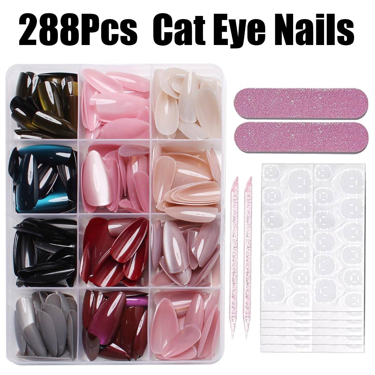 288Pcs Cat Eye Press on Nails Almond Shape 12 Color Glitter Fake Nails Medium, Sparkle Glass Nails Press on, Shiny Acrylic Glue on Nail Gradient Stick on Nail for Women Manicure