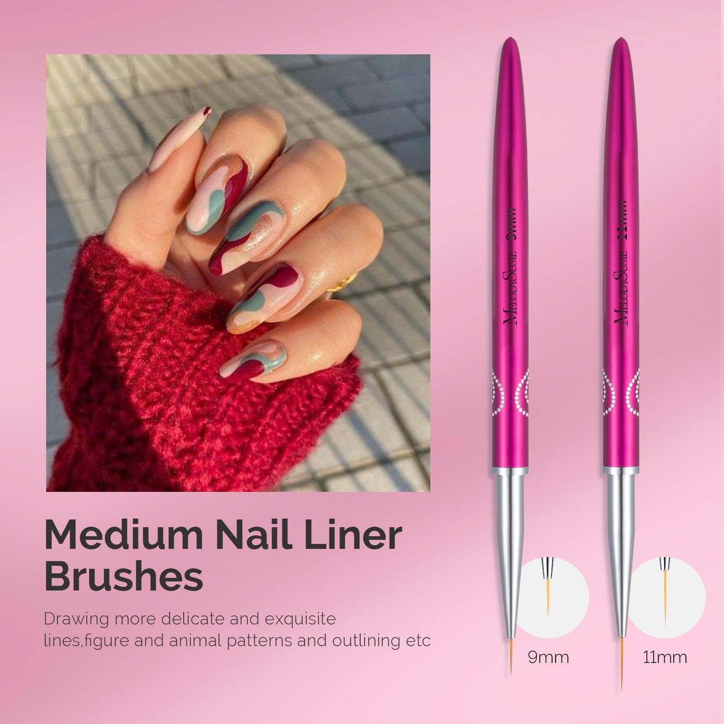 MelodySusie Nail Art Liner Brushes 5Pcs Professional Gel Polish Painting Art Design Pen Set for Thin Long Lines, Tiny Details, Fine Drawing, Delicate Coloring,Sizes 5/7/9/11/20mm