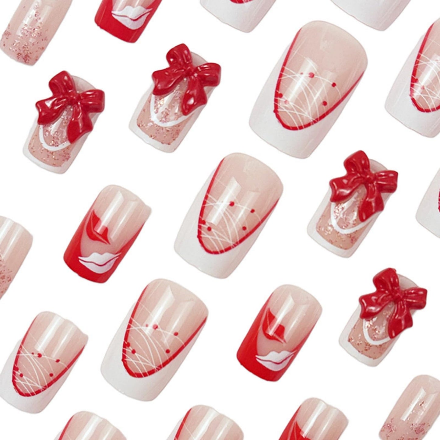 White French Tip Press on Nails Red Bow Fake Nails Lip Print Glue on Nail with Design Glossy Full Cover Medium Square Stick on Nail for Women Manicure 24Pcs