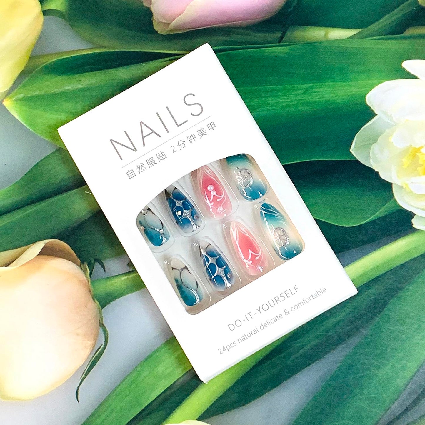 EYZOTSF Press on Almond Nails Medium Length Glossy Full Cover Acrylic Almond Shaped False Nails with Designs Artificial Fake Nail with Charms Glue Stick ons Fingernails for Women Girls(Z1116)
