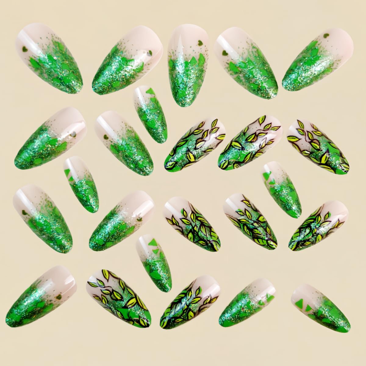 Green Plant Gradient Press on Nails Medium Almond Fake Nails Glitter Gradient False Nail Design Green Leaves Glossy Acrylic Nails for Women Girls DIY Manicure Decoration 24Pcs