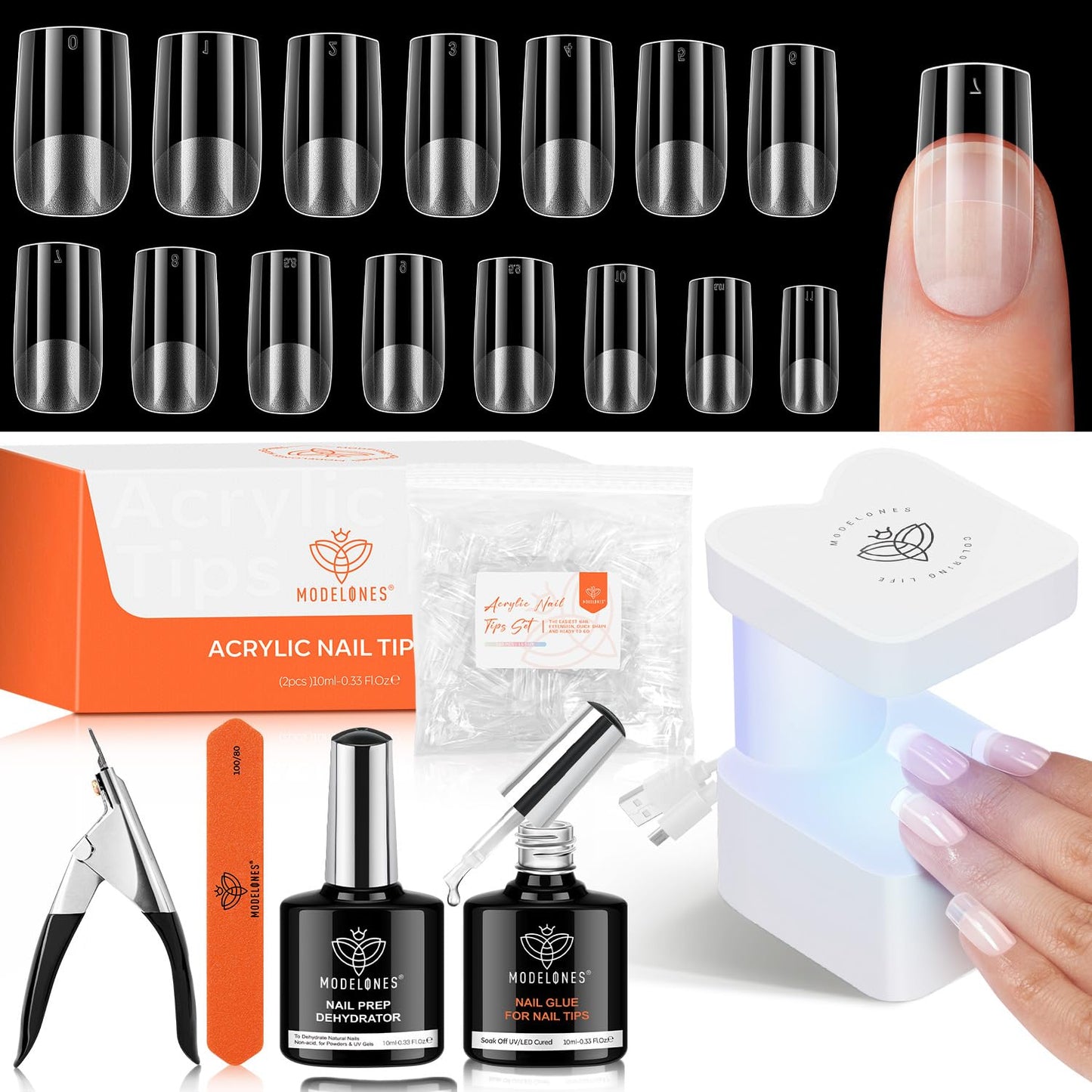 modelones X Nail Gel Kit,15Sizes Gel Nail Tips Short Square, 9-in-One Glue Prep Dehydrator & Portable Led Lamp, 510Pcs Pre-shaped Square Press On Extension Kit DIY Salon Home Gift for Women