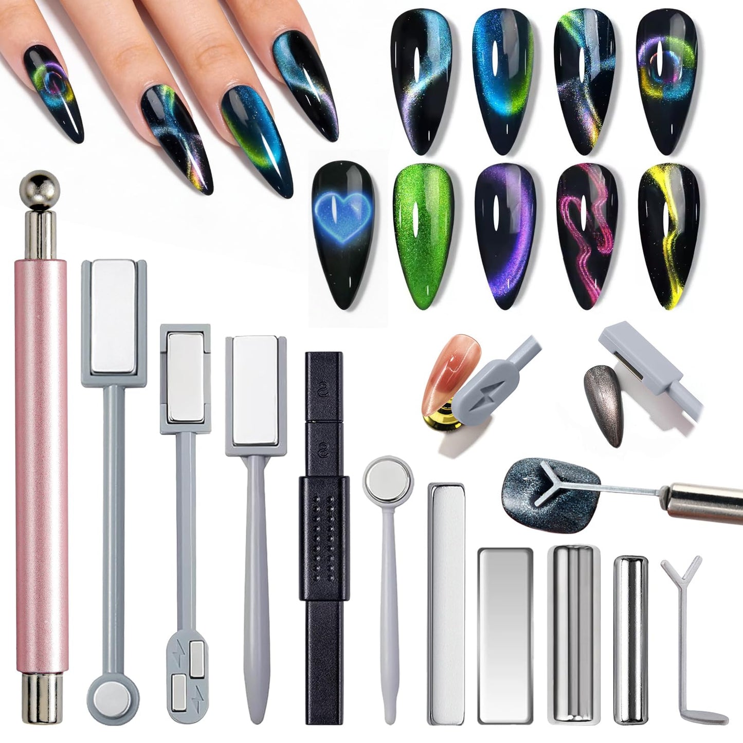 YECIRALA 10 Pcs Cat Eye Magnet For Nails Magnet Tool Set With 1 Pcs Y-Shape Iron Molds, 10 Uniquely Shaped Nail Magnet For Nails Strong Magnetism Cylinder Cat Eye Gel Nail Polish Magnet Sticks Tools