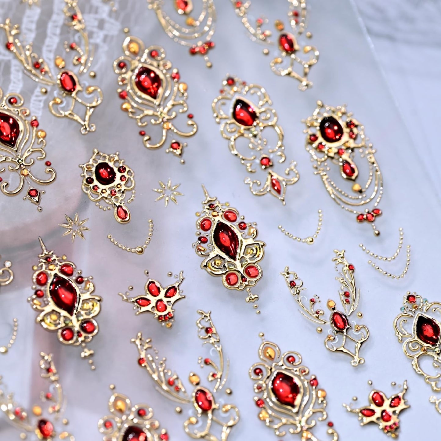 5D Embossed Red Gemstone Nail Art Stickers Gold Nail Stickers Gold Red Baroque Nail Decals for Nail Art Gem Nail Design Nail Supplies for Women Girls DIY Manicure Decoration