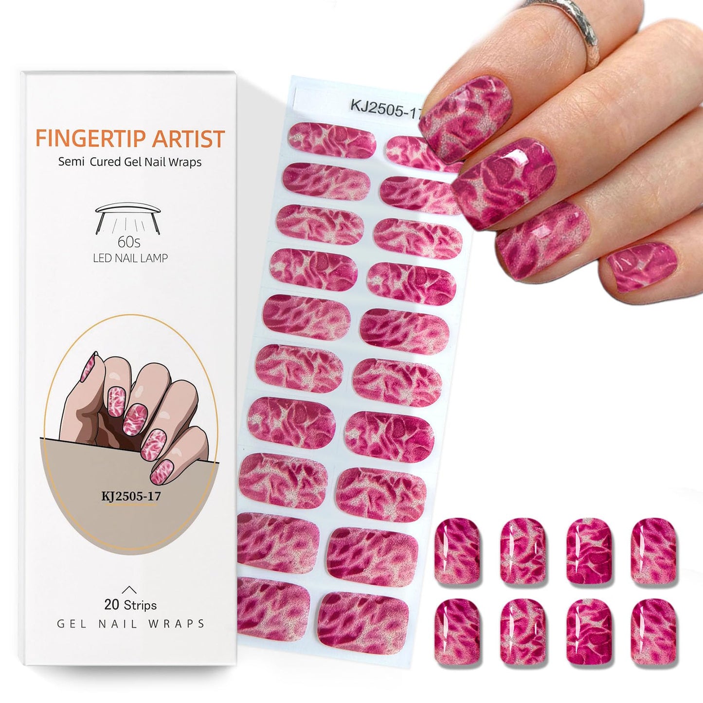Semi Cured Gel Nail Strips with Pink Marble Designs Glitter Gel Nail Stickers Glossy Nail Strips Salon Quality & Easy to Use 20 Pcs for Women