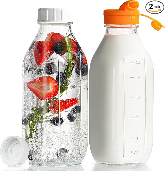 32 oz Reusable Glass Milk Bottles with Silicone Dispenser Cap, 2 Pack Glass Jars with Airtight Screw Lid, Leak Proof Juice Bottles with Scale Mark Breastmilk Storage Container for Fridge