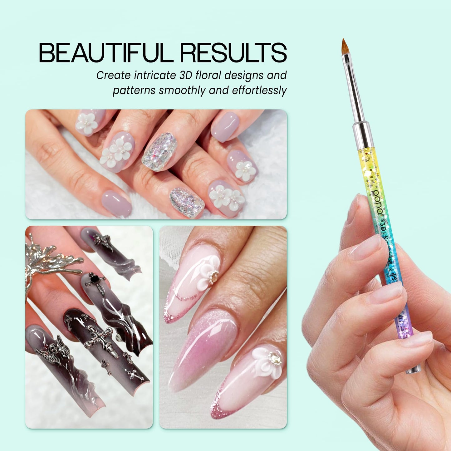 PANA Kolinsky 3D Acrylic Nail Brushes with Liquid Glitter Handle - For Professional Acrylic Powder Liquid Manicure Pedicure (Rainbow Color, Size #4)