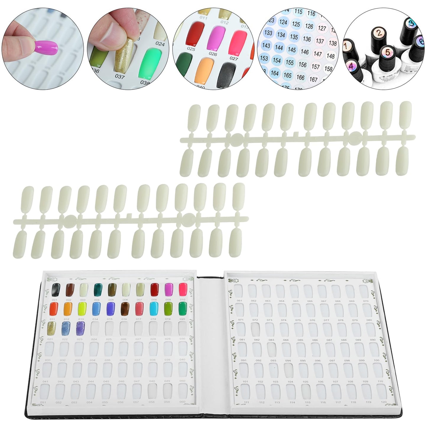 vnjaoi 120 Nail Color Chart Display Book, Plastic Nail Swatches Nail Gel Color Card with 240PCS Natural Colours Replacement Nails Nail Art for Nail Salons, DIY Nail Art at Home (Black)