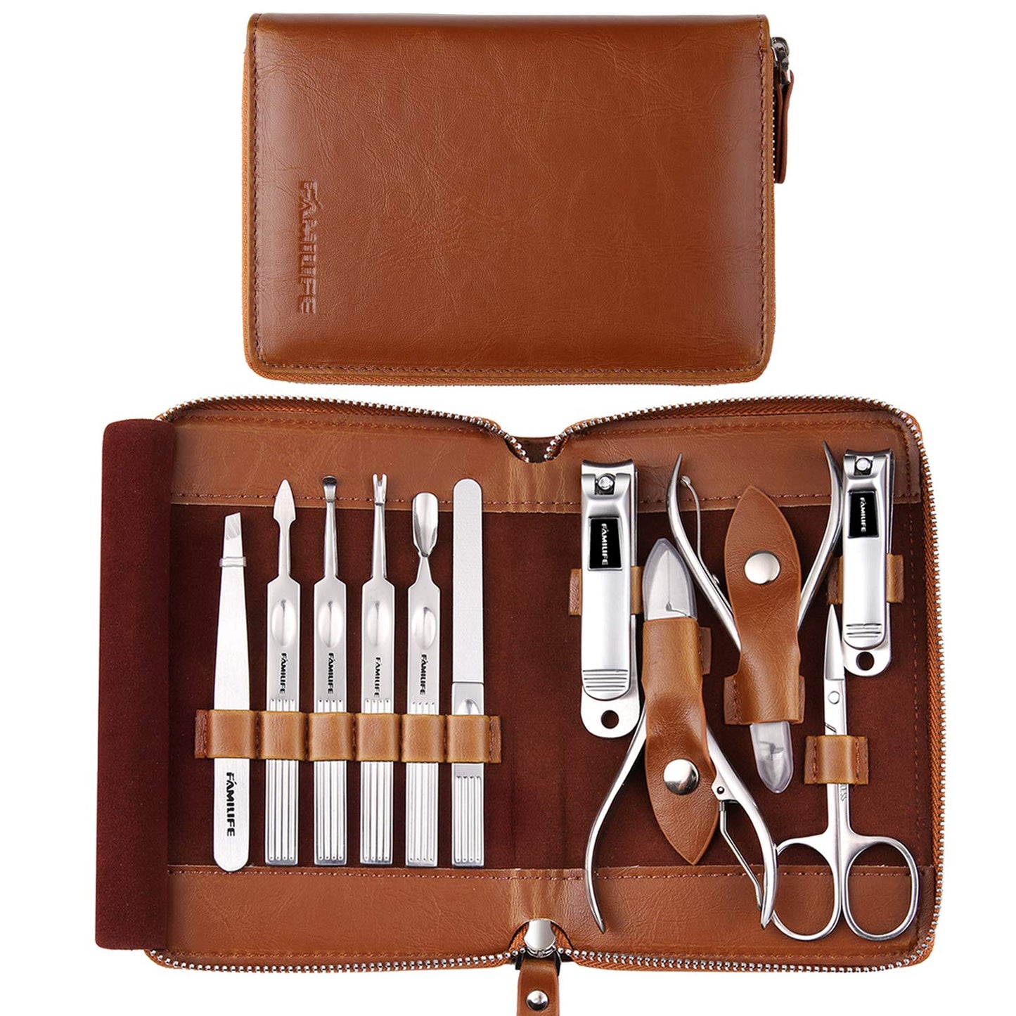 FAMILIFE Professional Manicure Kit Nail Clippers Set 11 in 1 Stainless Steel Pedicure Tools Kit Grooming Kit and 16pcs Gifts for Men Stainless Steel Portable Brown Leather Nail Kit Mens Gifts